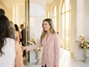 Junge Frau im Blazer begrüßt Gäste am Eingang eines modernen Event-Venues mit Marmor und floralen Arrangements.