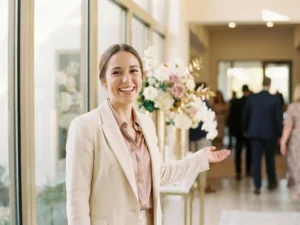 Elegante Empfangsdame begrüßt Gäste am Eingang eines modernen Veranstaltungsorts mit natürlichem Licht und floralen Arrangements.