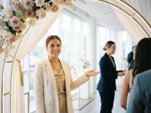 Junge Frau in eleganter Businesskleidung begrüßt Gäste am Eingang eines hellen Firmenevents mit floralen Dekorationen.