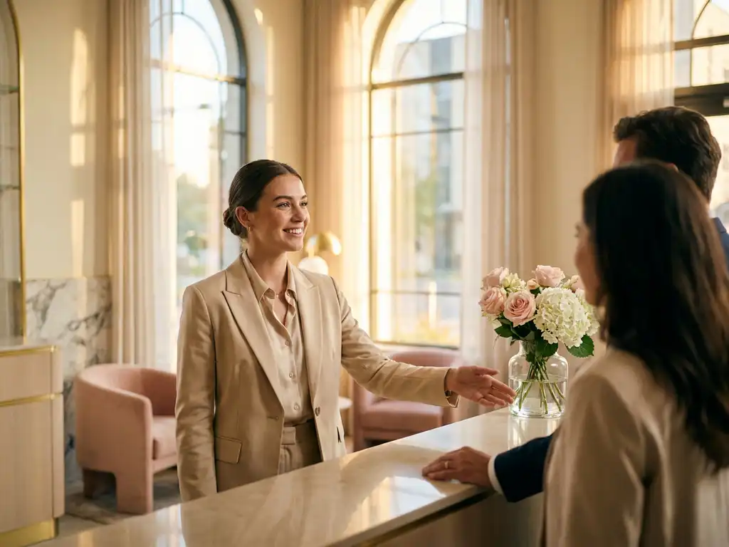 Elegante Empfangsdame an einem modernen Hoteltresen begrüßt Gäste mit einem Lächeln, frische Blumen und warmes Licht im Hintergrund.
