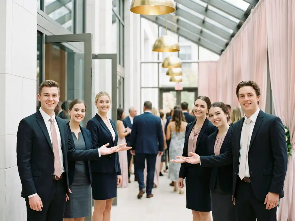 Fünf elegant gekleidete Event-Mitarbeiter begrüßen Gäste am Eingang eines modernen, lichtdurchfluteten Veranstaltungsorts mit goldener Akzentbeleuchtung.