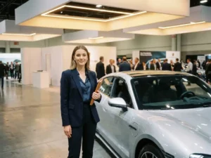 Junge Eventmanagerin in Business-Attire mit Zertifikatsmappe neben modernem Auto auf hellem Automobilmesse-Ausstellungsparkett.