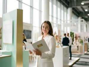 Junge Frau im weißen Blazer prüft Unterlagen an einem modernen Messestand mit natürlichem Licht und mintgrünem Dekor.
