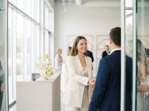 Junge Frau im hellen Blazer begrüßt Gäste am Eingang eines modernen Event-Venues mit natürlichem Licht und floraler Rezeptionsdeko.