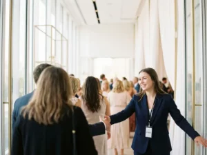 Junge Frau im Blazer begrüßt Gäste am Eingang eines modernen Event-Venues mit warmem Lächeln und sichtbarem Lanyard-Badge.