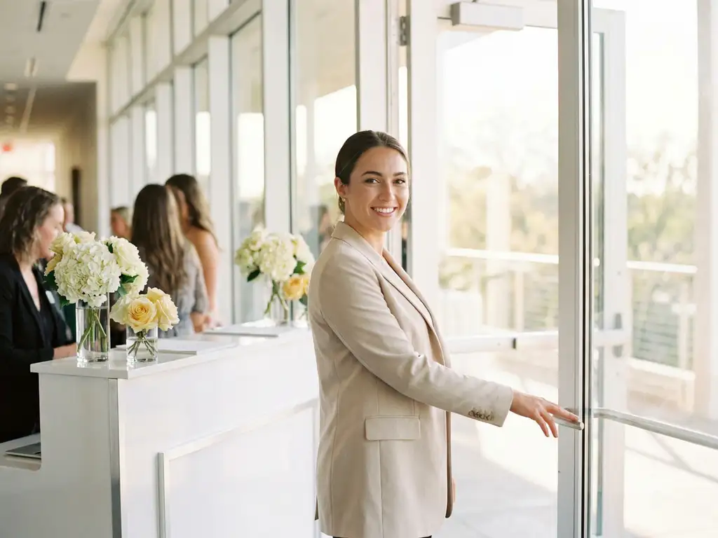 Junge Eventmoderatorin in hellem Blazer begrüßt Gäste am Empfang eines modernen Veranstaltungsorts mit Blumenarrangements.
