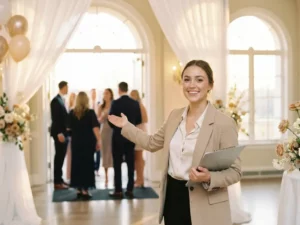 Junge Frau im eleganten Blazer begrüßt Gäste am Eingang eines Veranstaltungsorts mit Klemmbrett und warmem Lächeln.