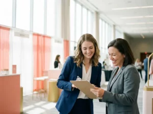 Junge Frau im Blazer wird von einer Eventkoordinatorin mit Klemmbrett auf einer modernen Messe eingewiesen.