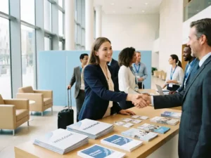 Junge Frau in professioneller Kleidung begrüßt internationale Kongressteilnehmer am Registrierungstresen mit Namensschildern und mehrsprachigen Materialien.
