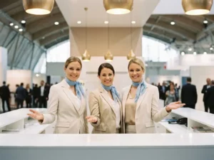 Drei lächelnde Hostessen in eleganten hellen Outfits begrüßen Besucher an einem modernen Messestand in heller Ausstellungshalle.