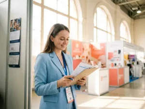 Lächelndes Event-Personal im Blazer prüft Klemmbrett-Zeitplan auf einer Messe mit bunten Ausstellungsständen im Hintergrund.