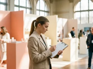 Junge Eventmitarbeiterin mit Klemmbrett prüft Notizen in modernem Messebereich mit natürlichem Tageslicht und eleganten Standstrukturen.