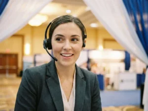 Lächelndes Messepersonal mit Headset und eleganter Uniform im Einsatz vor unscharfem Messehallenambiente.