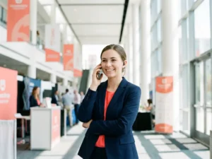 Junge Eventmitarbeiterin mit Blazer und Ohrhörer telefoniert auf einer modernen Messe in warmem, natürlichem Licht.