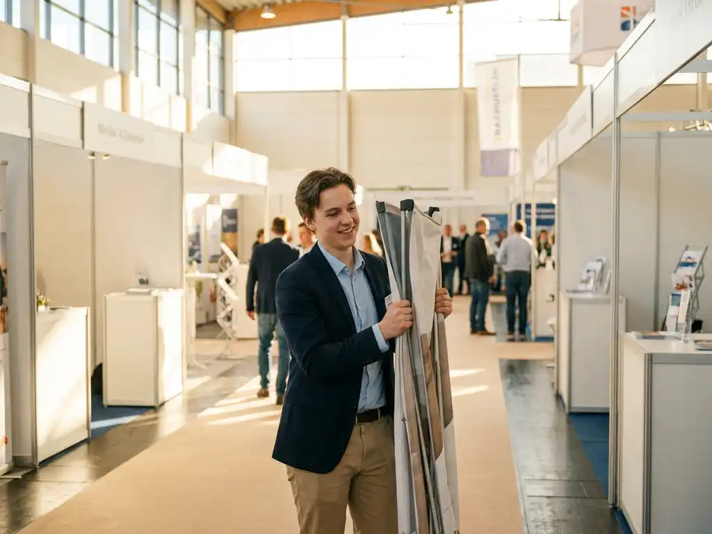 Junges Messepersonal trägt gefaltetes Ausstellungsdisplay in moderner Messehalle mit weißen Ständen und warmem Deckenlicht.