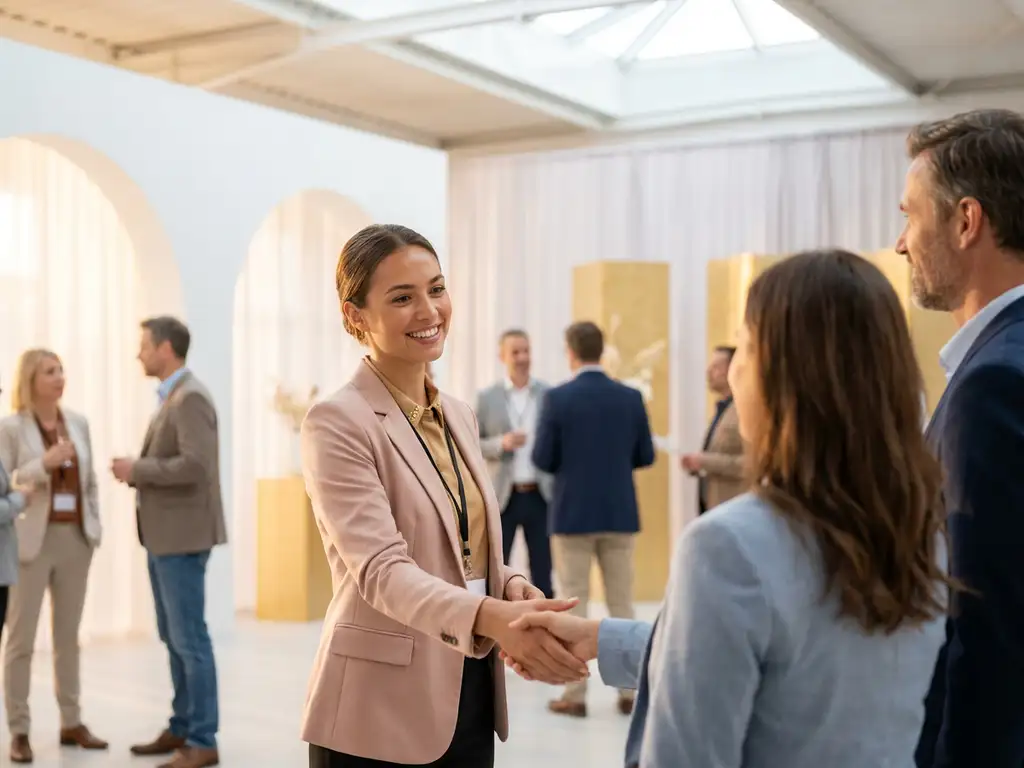 Junge Messehostess in eleganter Kleidung begrüßt Gäste in einer modernen, lichtdurchfluteten Messehalle.