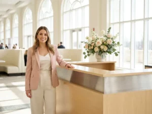 Junge Messehostess im pastellfarbenen Blazer steht souverän am Empfangstresen einer modernen Messe, natürliches Licht, Blumenarrangement.