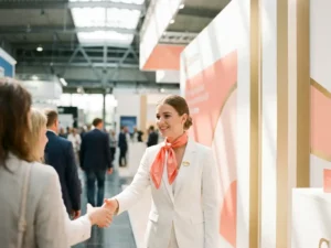 Junge Messehostess in eleganter Kleidung begrüßt Besucher an einem modernen Messestand mit weißer und korallfarbener Gestaltung.