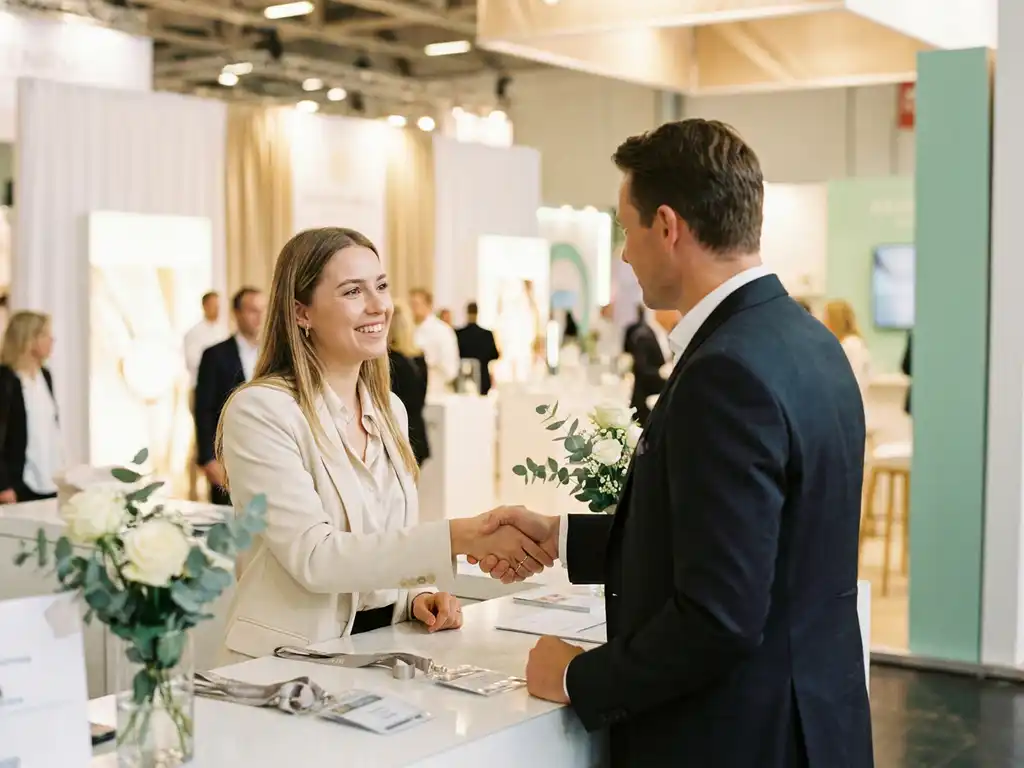 Lächelnde Messehostess begrüßt Kunden per Handschlag an elegantem weißen Messestand mit frischen Blumen.