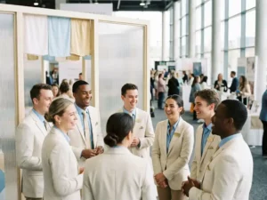 Diverses Messepersonal in eleganten einheitlichen Uniformen unterhält sich freundlich an einem modernen Messestand.