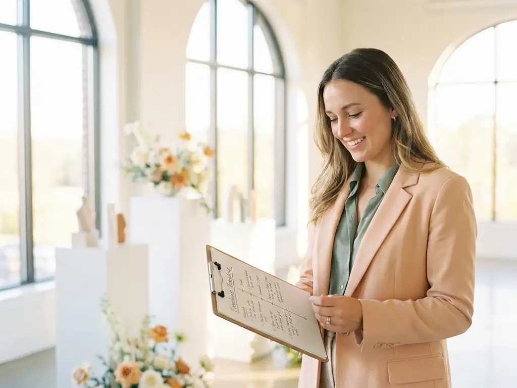 Junge Frau im Pastellblazer prüft Klemmbrett-Zeitplan bei einer eleganten Produkteinführung mit weißen Podesten und Blumenarrangements.