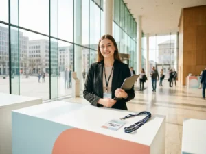 Junge Veranstaltungshostess im Blazer mit Klemmbrett in hellem Kongresszentrum, Tagesausweis und Mehrtages-Lanyard auf dem Registrierungstisch.