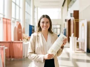 Junge Eventmanagerin hält staatliche Zertifizierungsurkunde auf einer modernen Messeveranstaltung mit eleganten Ausstellungsständen im Hintergrund.