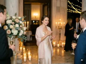 Elegante Hostess begrüßt Gäste am Eingang eines festlichen Abend-Events, goldenes Kerzenlicht, Champagnergläser im Hintergrund.