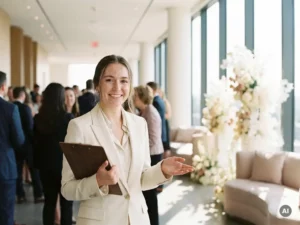 Junge Frau im hellen Blazer begrüßt Gäste in modernem Event-Foyer mit Blumenarrangements und warmem Fensterlicht.