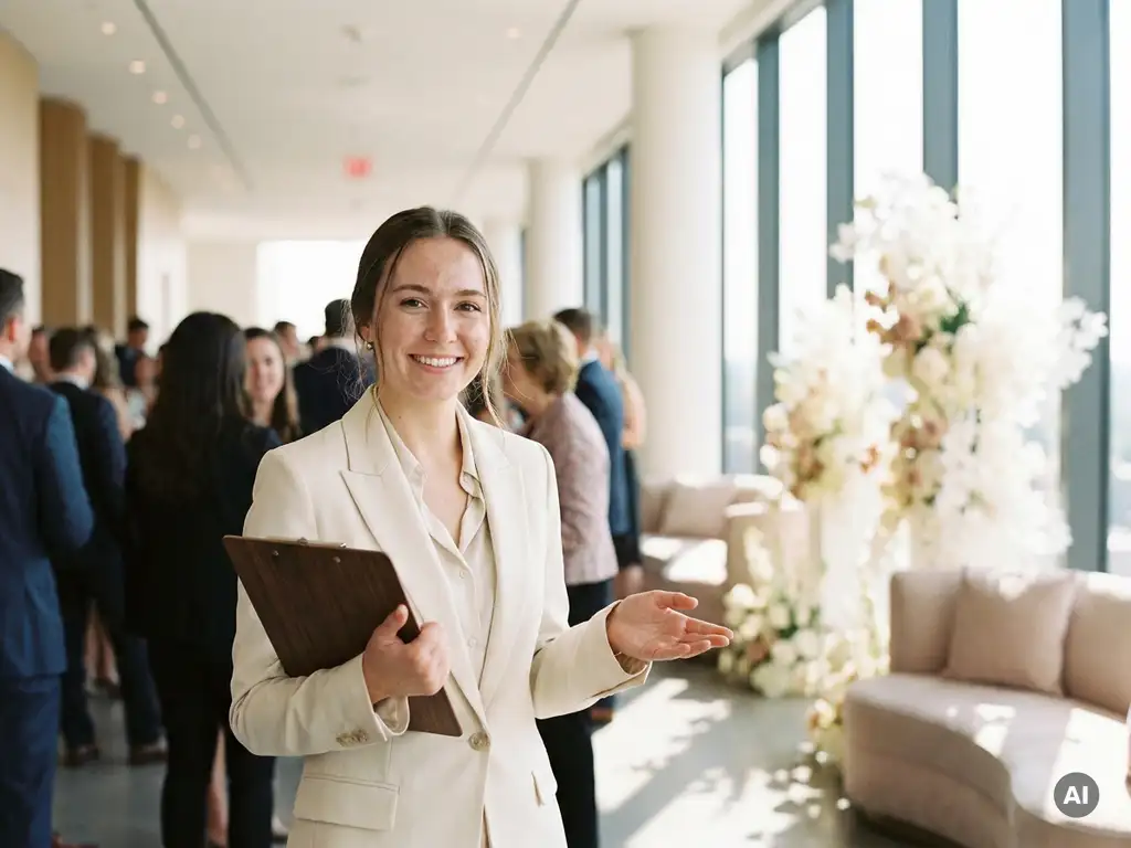 Junge Frau im hellen Blazer begrüßt Gäste in modernem Event-Foyer mit Blumenarrangements und warmem Fensterlicht.