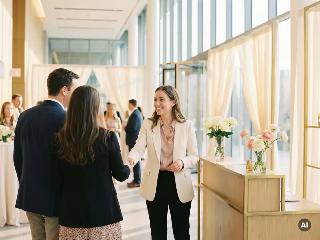 Elegante Empfangsdame begrüßt Gäste an einem modernen Corporate-Event mit floralem Registrierungstresen und warmem Sonnenlicht.