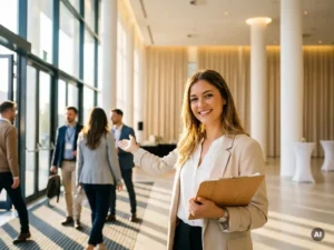 Lächelnde Hostess mit Klemmbrett begrüßt Gäste am Eingang eines modernen Kongresszentrums im hellen, eleganten Ambiente.