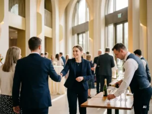 Junge Frau im Blazer begrüßt Gäste am Eingang eines modernen Veranstaltungsortes, Servicemitarbeiter arrangiert Champagnergläser im Hintergrund.