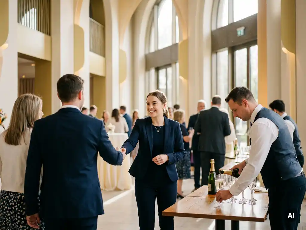 Junge Frau im Blazer begrüßt Gäste am Eingang eines modernen Veranstaltungsortes, Servicemitarbeiter arrangiert Champagnergläser im Hintergrund.