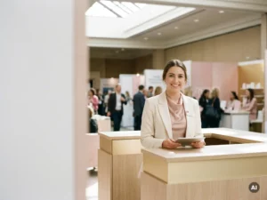 Junge Frau in eleganter Businesskleidung an einem Empfangstresen einer Messe, warme Crème- und Goldtöne, natürliches Tageslicht.