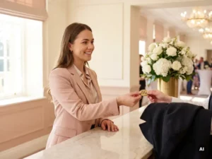 Elegant gekleidete Frau gibt Garderobenmarke ab und erhält ihren Mantel an einem stilvollen Garderobentresen mit Blumen im Hintergrund.