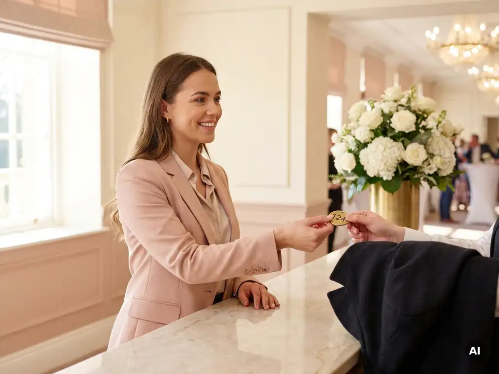 Elegant gekleidete Frau gibt Garderobenmarke ab und erhält ihren Mantel an einem stilvollen Garderobentresen mit Blumen im Hintergrund.