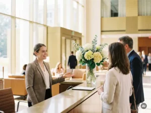 Elegante Event-Hostess begrüßt Gäste am Empfangstresen eines modernen Corporate-Events mit Blumenarrangement und warmem Tageslicht.