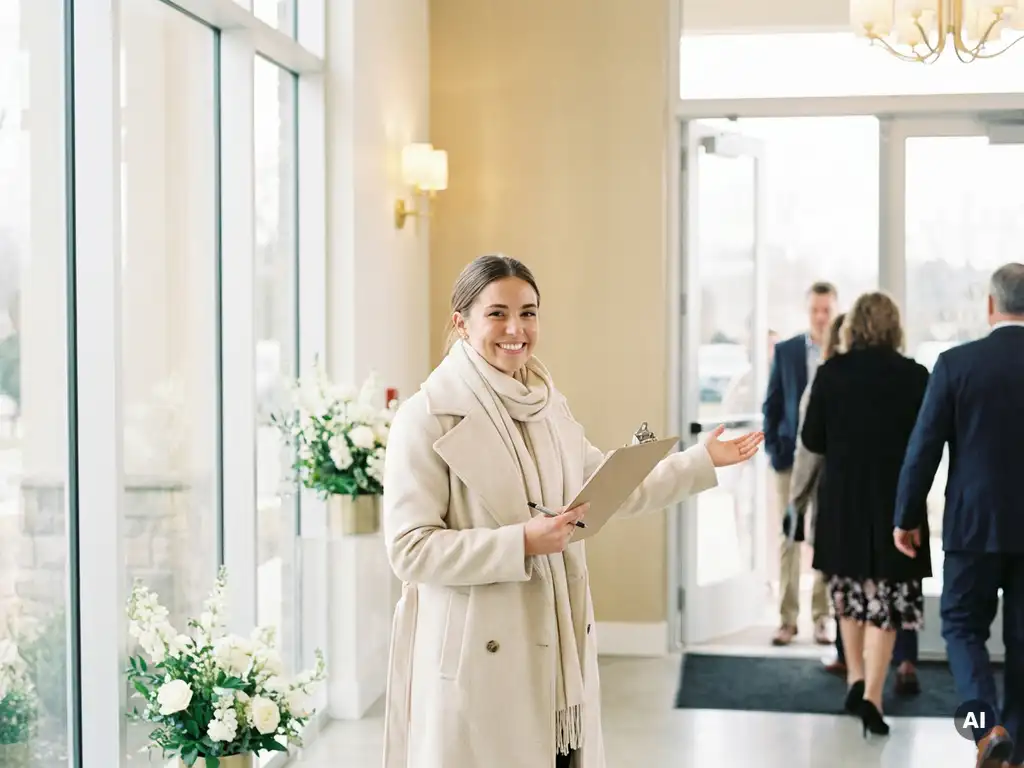Junge Event-Hostess mit Klemmbrett begrüßt Gäste am Eingang eines modernen, lichtdurchfluteten Veranstaltungsorts mit floralen Akzenten.