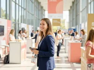 Junges Messepersonal im Blazer mit Lanyard betritt eine helle Messehalle, freundliches Lächeln, natürliches Licht, lebhafte Atmosphäre.