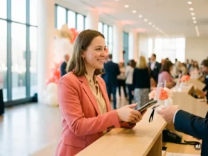 Junge Frau im Blazer scannt Teilnehmerausweis an modernem Veranstaltungs-Check-in-Tresen in hellem Konferenzsaal.