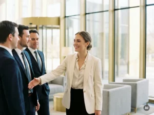Elegant gekleidete Empfangsdame begrüßt Delegationsbesucher in hellem modernem Konferenzzentrum-Foyer mit einladendem Handgestus.