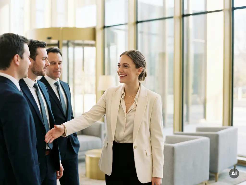 Elegant gekleidete Empfangsdame begrüßt Delegationsbesucher in hellem modernem Konferenzzentrum-Foyer mit einladendem Handgestus.