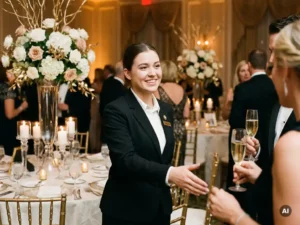 Junge Frau in schwarzer Uniform begrüßt Gäste bei einem Gala-Dinner mit Blumengestecken und Kerzenlichttischen im Hintergrund.
