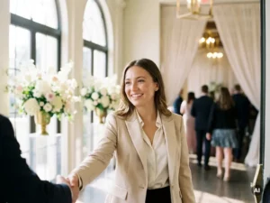 Lächelnde Empfangsdame in eleganter Businesskleidung begrüßt Gäste in hellem Veranstaltungssaal mit Blumenarrangements.