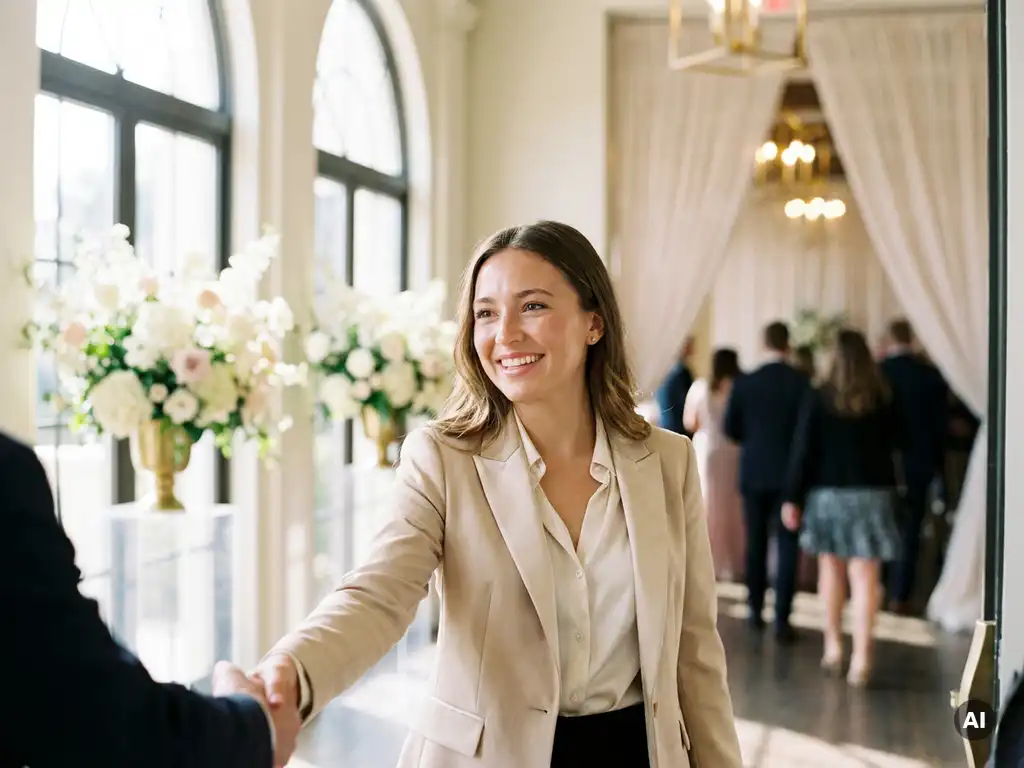 Lächelnde Empfangsdame in eleganter Businesskleidung begrüßt Gäste in hellem Veranstaltungssaal mit Blumenarrangements.