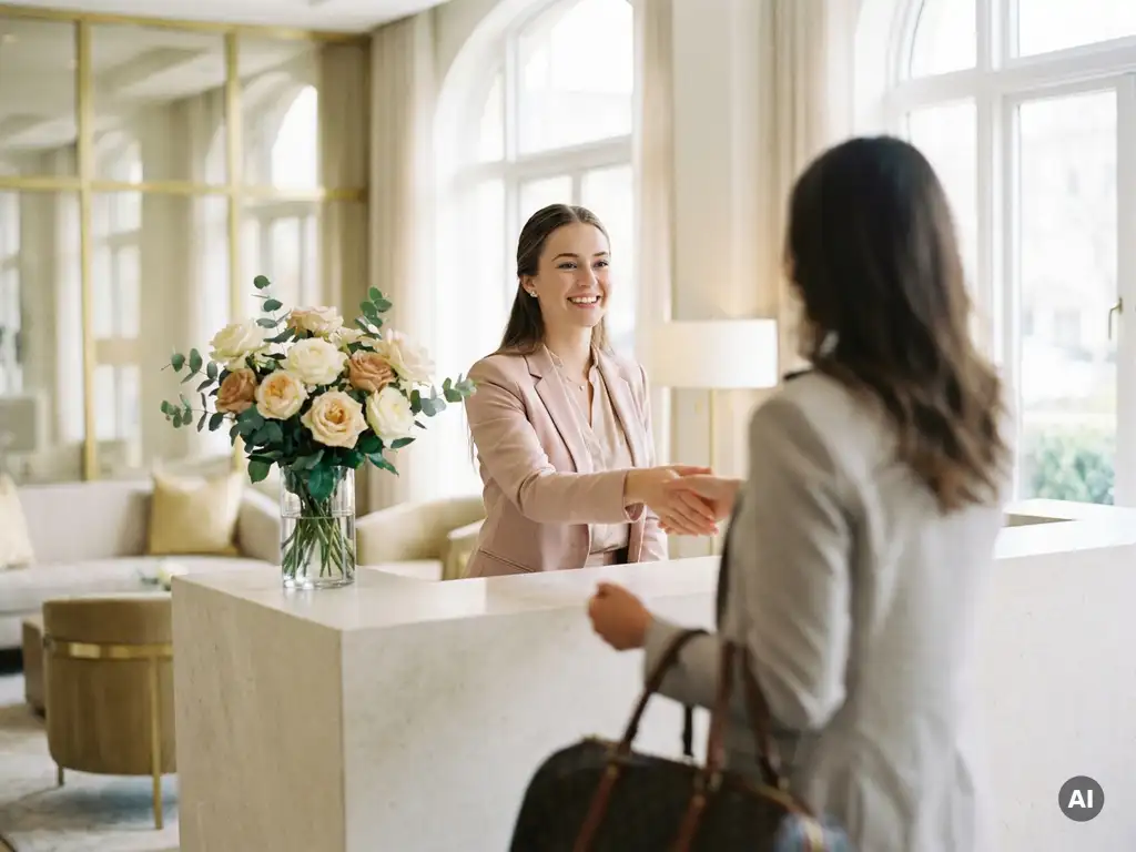 Elegante Empfangsdame begrüßt Hotelgast mit einem Lächeln an hellem Tresen mit frischen Blumen und goldenem Ambiente.