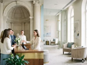 Elegante Empfangsdame begrüßt Gäste an hellem Rezeptionstresen in repräsentativem Foyer mit modernen und klassischen Architektuреlementen.