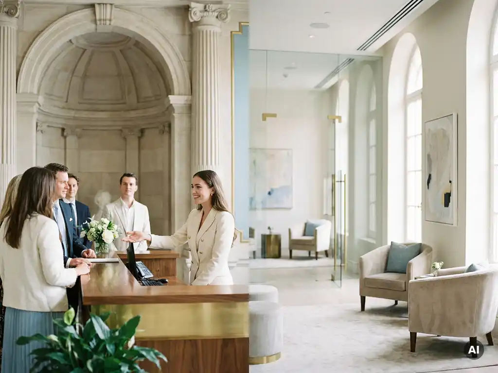 Elegante Empfangsdame begrüßt Gäste an hellem Rezeptionstresen in repräsentativem Foyer mit modernen und klassischen Architektuреlementen.