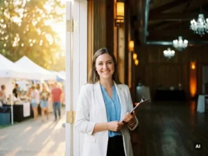 Junge Event-Hostess im hellen Blazer steht an der Grenze zwischen sonnigem Festivalgelände und elegantem Veranstaltungssaal.